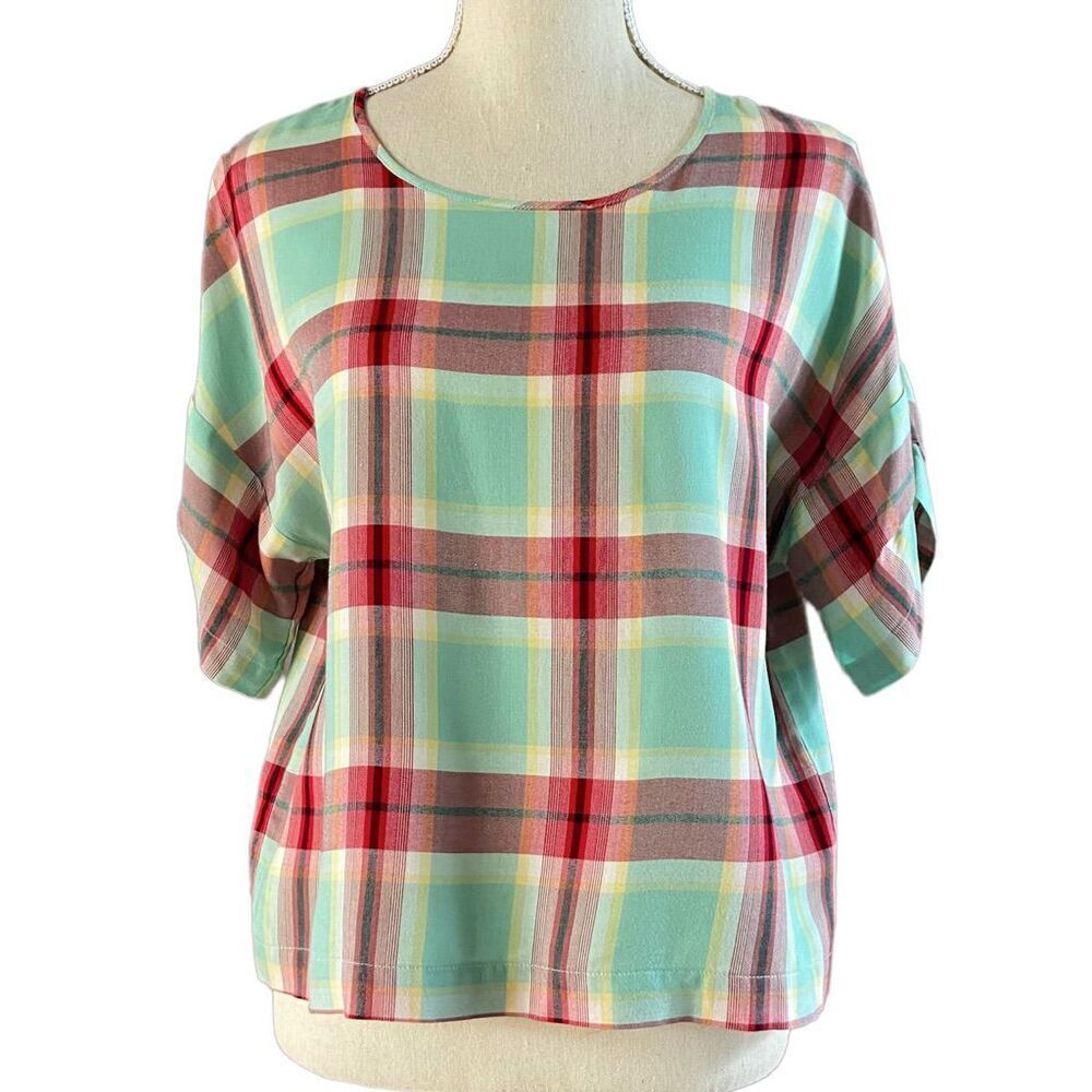 Kenzie Turquoise Red Plaid Boxy Top XS